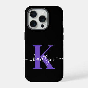 Modern Black Purple Script Monogram iPhone 15 Pro Case