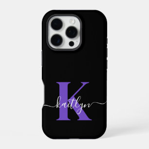 Modern Black Purple Script Monogram iPhone 16 Pro Case