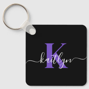 Modern Black Purple Script Monogram Key Ring