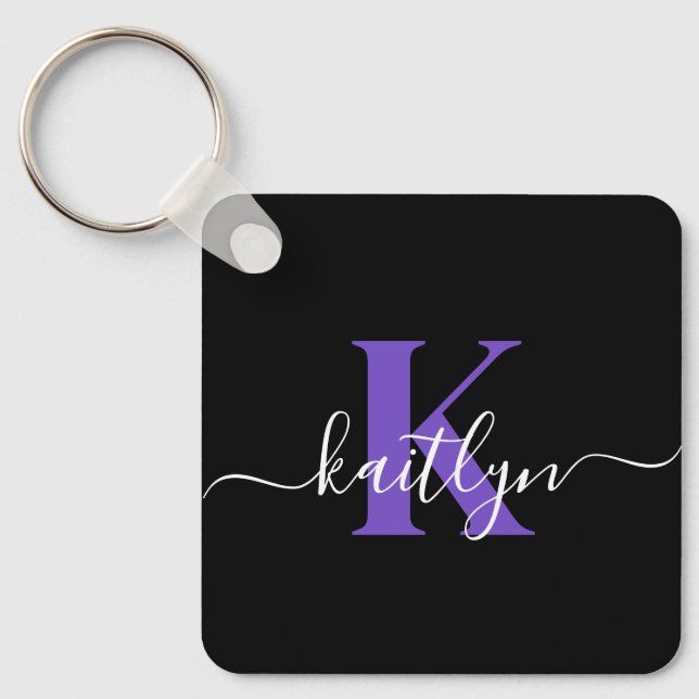 Modern Black Purple Script Monogram Key Ring (Front)