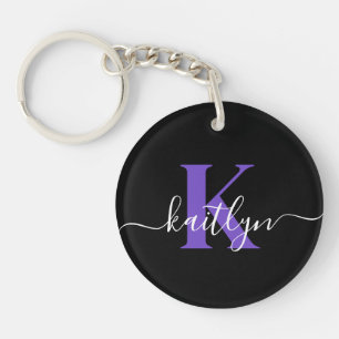 Modern Black Purple Script Monogram Key Ring