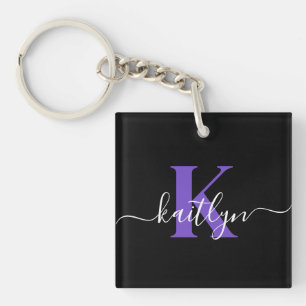 Modern Black Purple Script Monogram Key Ring