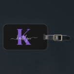Modern Black Purple Script Monogram Luggage Tag<br><div class="desc">This simple, elegant black luggage tag with your first name in a trendy script font in white typed over your first initial in a modern cap font in purple on one side and a slide in card for your name, address and phone number on the other would look fabulous on...</div>