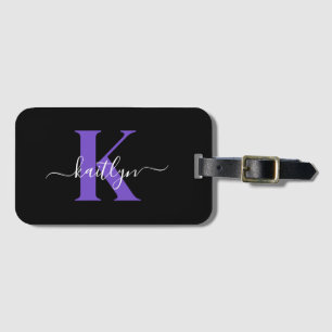 Modern Black Purple Script Monogram Luggage Tag