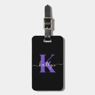 Modern Black Purple Script Monogram Luggage Tag