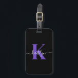 Modern Black Purple Script Monogram Luggage Tag<br><div class="desc">This simple, elegant black luggage tag with your first name in a trendy script font in white typed over your first initial in a modern cap font in purple on one side and a slide in card for your name, address and phone number on the other would look fabulous on...</div>