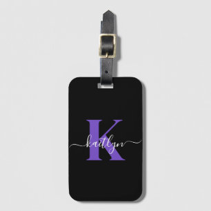 Modern Black Purple Script Monogram Luggage Tag