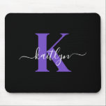 Modern Black Purple Script Monogram Mouse Pad<br><div class="desc">This simple,  elegant black mousepad with your first name in a trendy script font in white typed over your first initial in a modern cap font in purple is perfect for your office/desk.  It's stylish and trendy and yet very classic.</div>