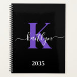 Modern Black Purple Script Monogram Planner<br><div class="desc">This simple, elegant black 8.5 x 11 soft planner with your first name in a trendy script font in white typed over your first initial in a modern cap font in purple is perfect for you. It's stylish and trendy and yet very classic. It will make keeping appointments, meetings, deadlines,...</div>