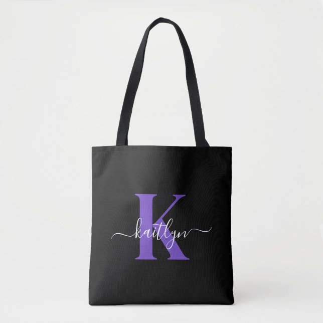 Modern Black Purple Script Monogram Tote Bag (Front)