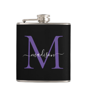 Modern Black Purple Violet Monogram Script Name Hip Flask