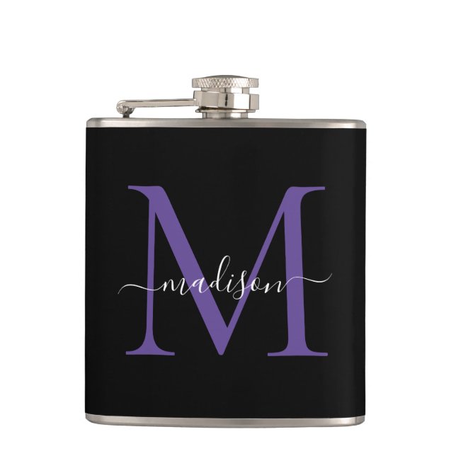 Modern Black Purple Violet Monogram Script Name Hip Flask (Front)