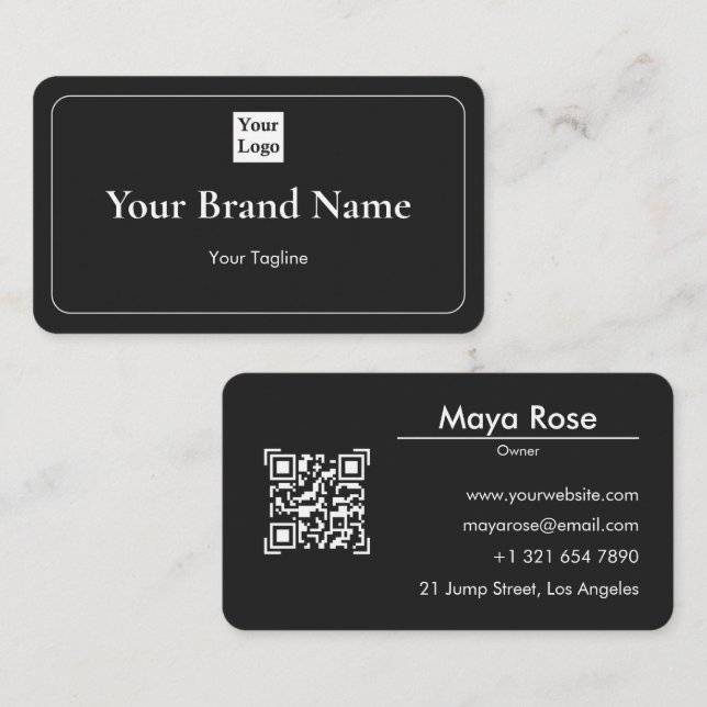 Modern Black QR Code Business Card Custom Logo (Front/Back)