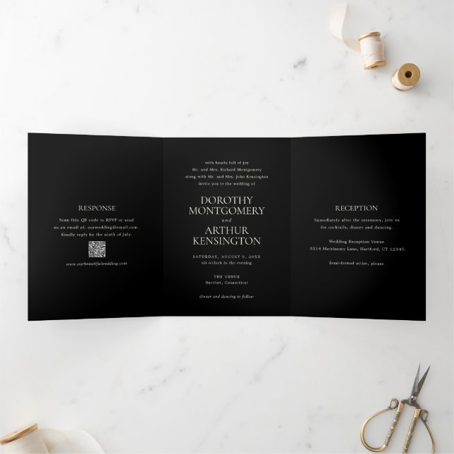 Modern Black QR Code Elegant Wedding Tri-Fold Invitation (Inside)