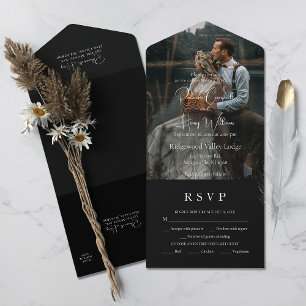 Modern Black QR Code Photo Entree RSVP Wedding All In One Invitation