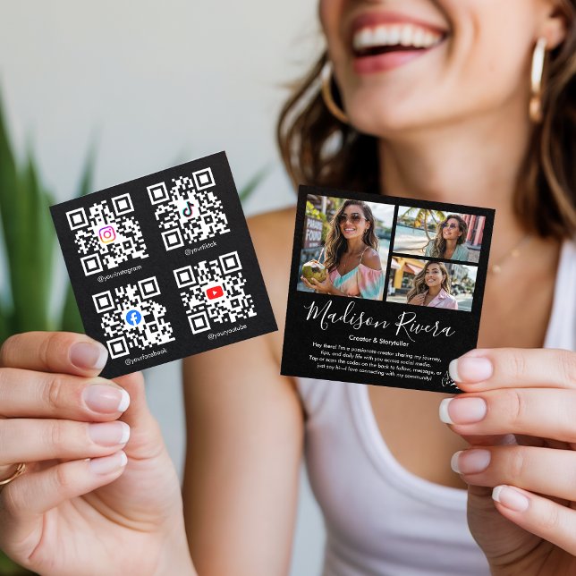 Modern Black QR Code Photo Grid Content Creator Square Business Card (Modern Black QR Code Photo Grid Content Creator)