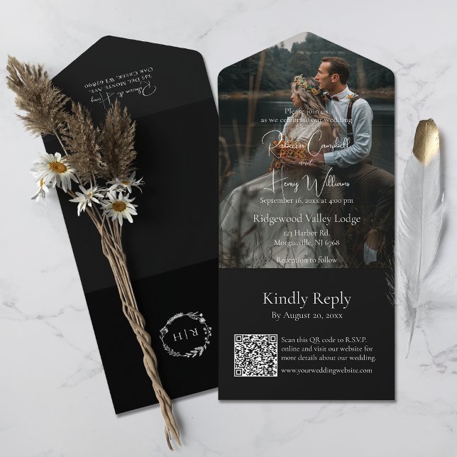 Modern Black QR Code | Photo | Monogram Wedding All In One Invitation (Save money and time. This all-in-one invitation includes a QR code for guests to  easily RSVP online)