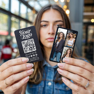 Modern Black QR Code Social Media Icons Logo Photo Business Card