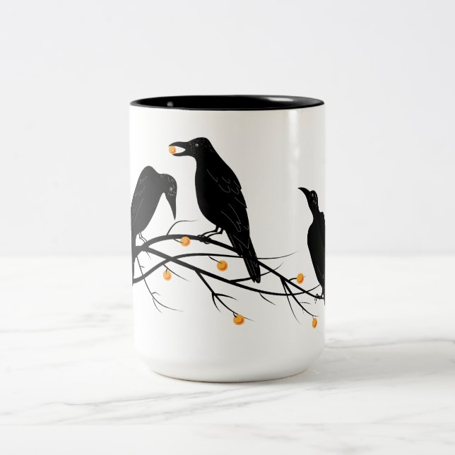 Modern Black Ravens Minimalist Pattern Two-Tone Coffee Mug (Center)