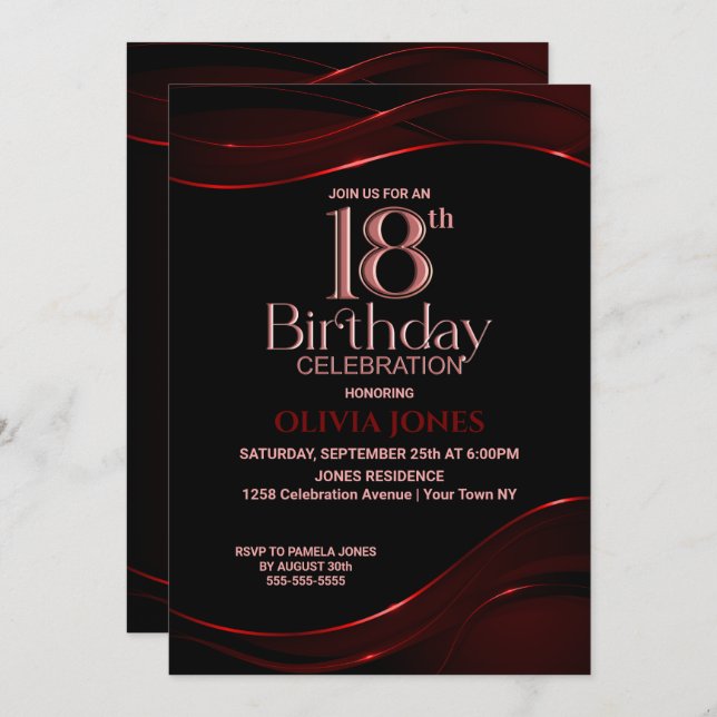 Modern Black Red 18th Birthday Party Invitation (Front/Back)