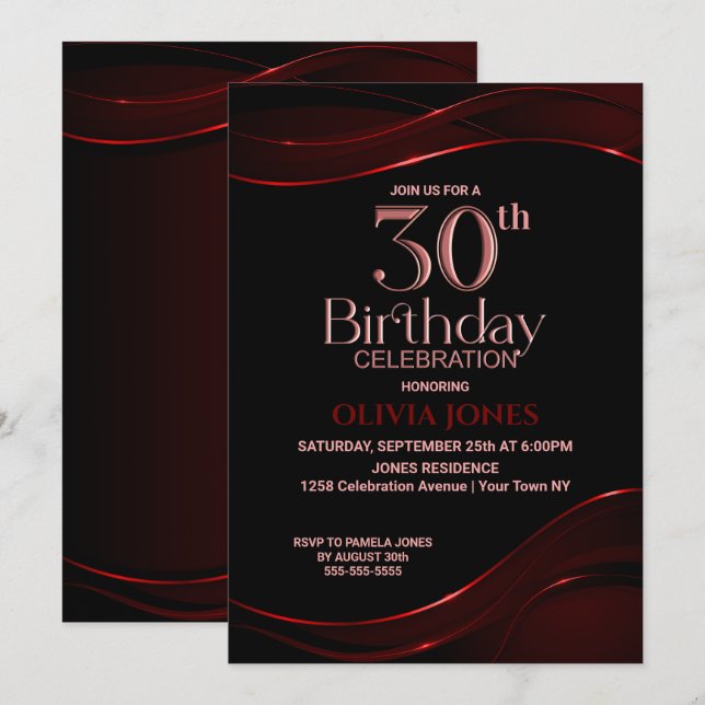 Modern Black Red 30th Birthday Party Invitation (Front/Back)