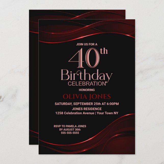 Modern Black Red 40th Birthday Party Invitation (Front/Back)