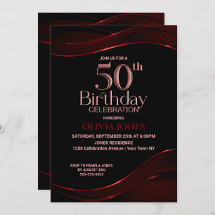 Modern Black Red 50th Birthday Party Invitation
