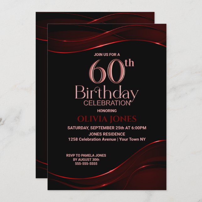 Modern Black Red 60th Birthday Party Invitation (Front/Back)