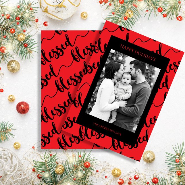 Modern Black & Red “Blessed” Script Photo Holiday Card (Modern Black & Red “Blessed” Script Photo Holiday Card)
