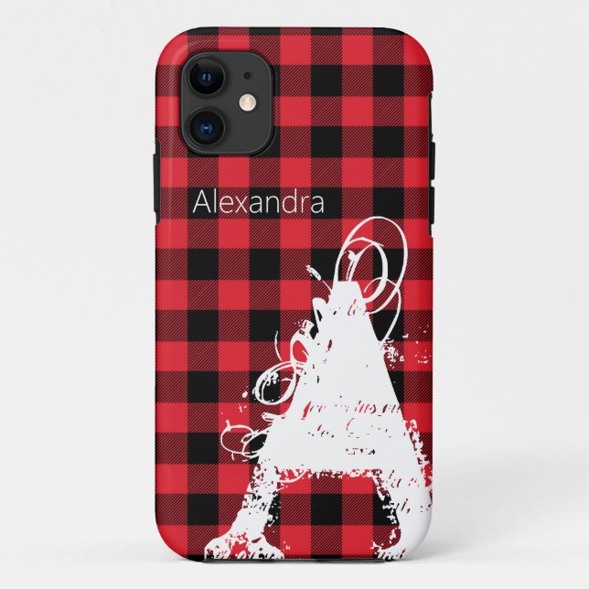 Modern Black Red Buffalo Plaid Big Monogram Name  Case-Mate iPhone Case (Back)