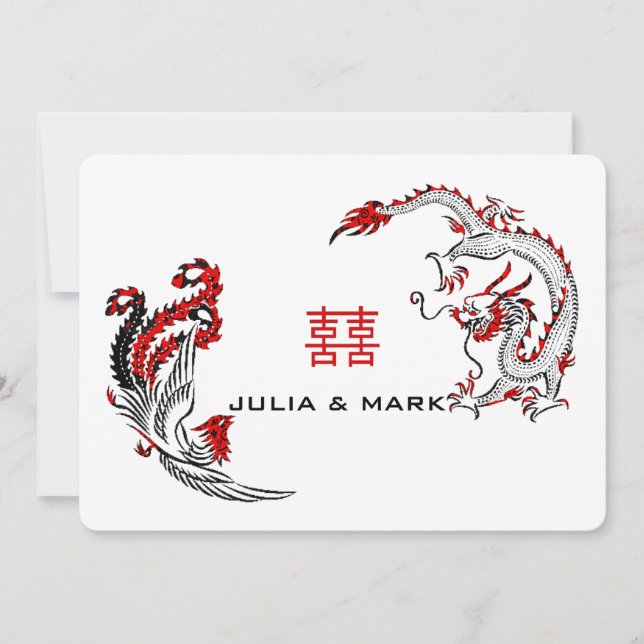 Modern Black Red Dragon-Phoenix Chinese Wedding Invitation (Front)