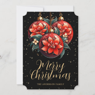 Modern Black Red Floral Ornaments Christmas Card