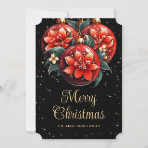 Modern Black Red Floral Ornaments Christmas Card