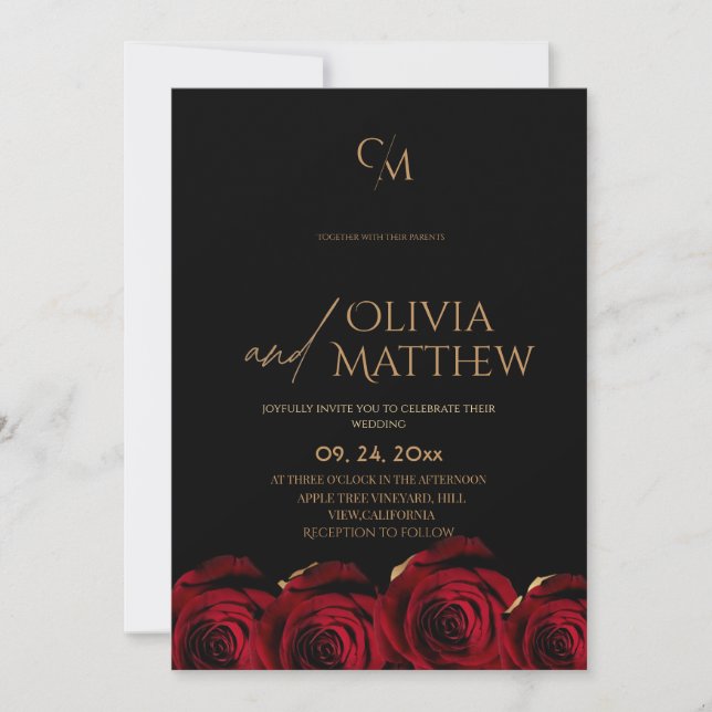 Modern Black Red Gold Rose Wedding Invitation (Front)