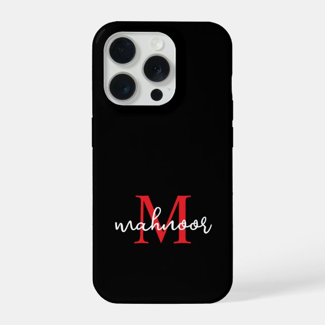 Modern Black Red Personalized Monogram Phone Case (Back)