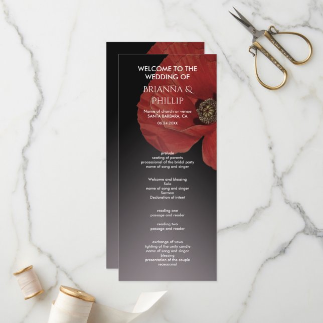 Modern black  Red Poppy Floral  Wedding Program Programme (Front/Back In Situ)