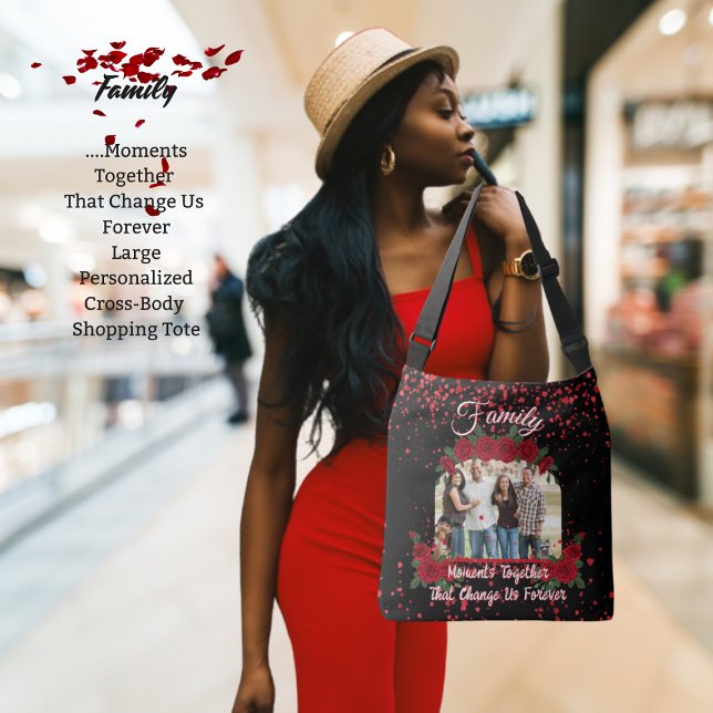 Modern Black Red Roses Family Photo Quote Floral Crossbody Bag (Black cross-body tote with your family photo, red roses and petals, and special quote about family)