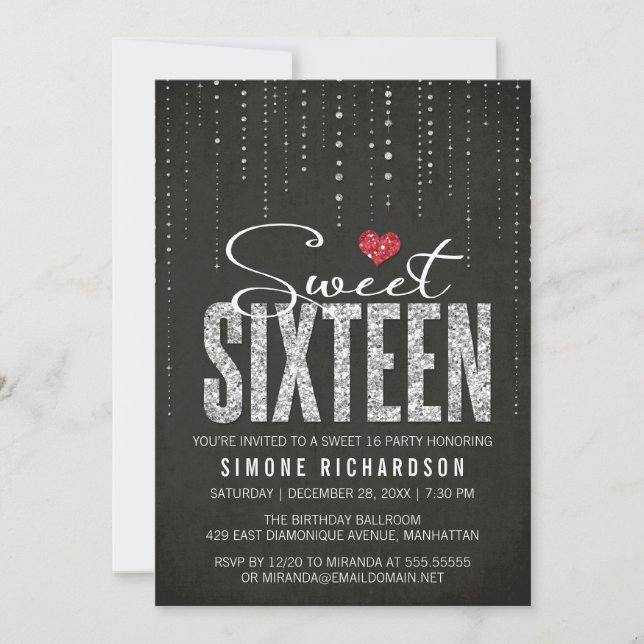 Modern Black Red & Silver Glitter Sweet 16 Invitation (Front)