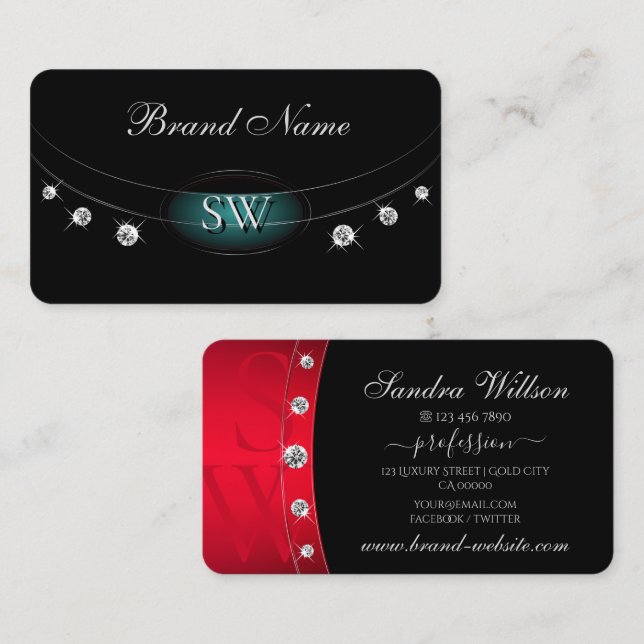 Modern Black Red Silver with Monogram and Diamonds Business Card (Front/Back)