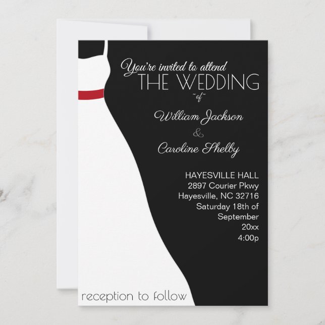 Modern Black Red Wedding Dress Wedding Invitation (Front)
