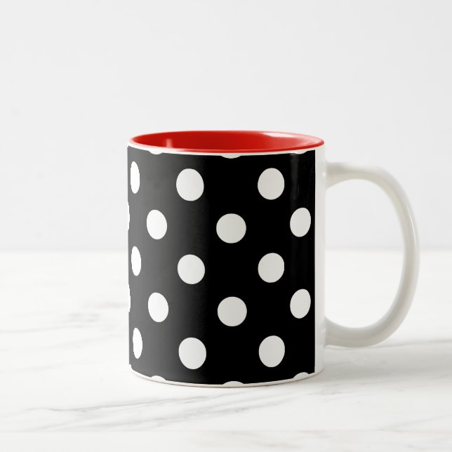 Modern Black Red White Polka Dots Two-Tone Coffee Mug (Right)