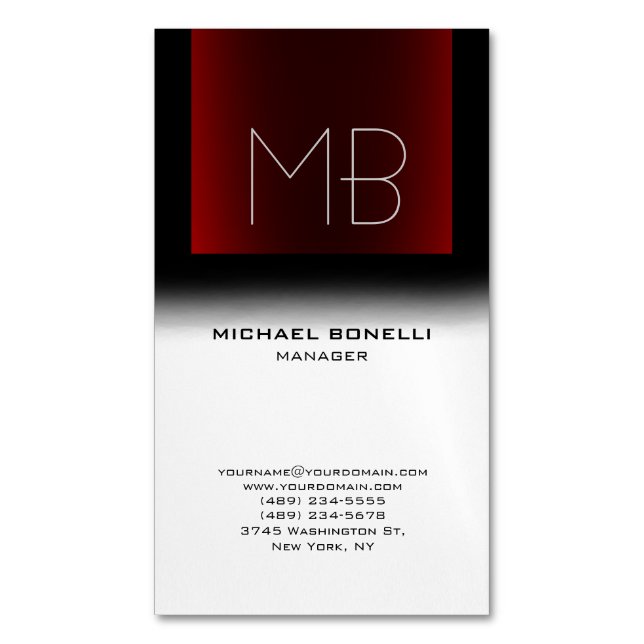 Modern black red white stylish monogrammed magnetic business card (Front Vertical)