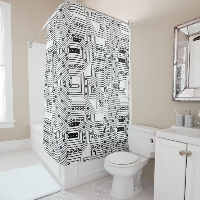 Modern Black Retro Computer Circuit Board Pattern Shower Curtain (In Situ)