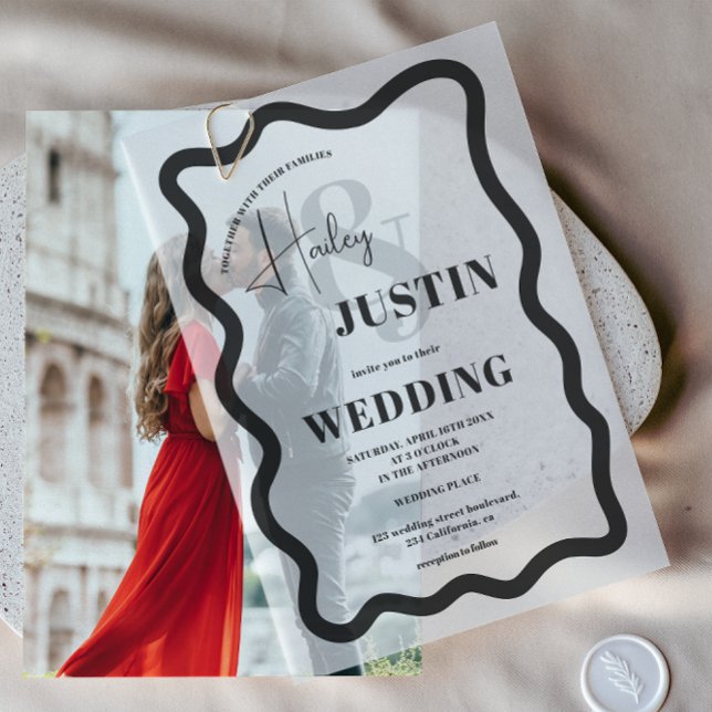 Modern Black Retro Wavy Frame Chic Wedding  Vellum Invitations (Modern Black Retro Wavy Frame Chic Wedding Vellum Invitations)
