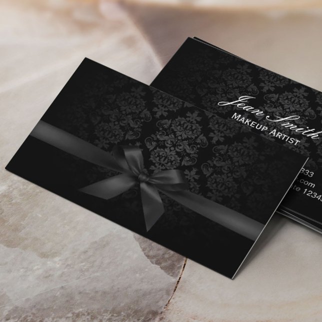 Modern Black Ribbon Damask Makeup Artist Business Card (Creator Uploaded)