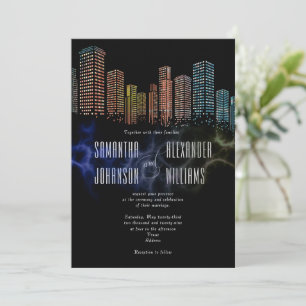 Modern Black Rooftop Lounge Night Skyline Wedding Invitation