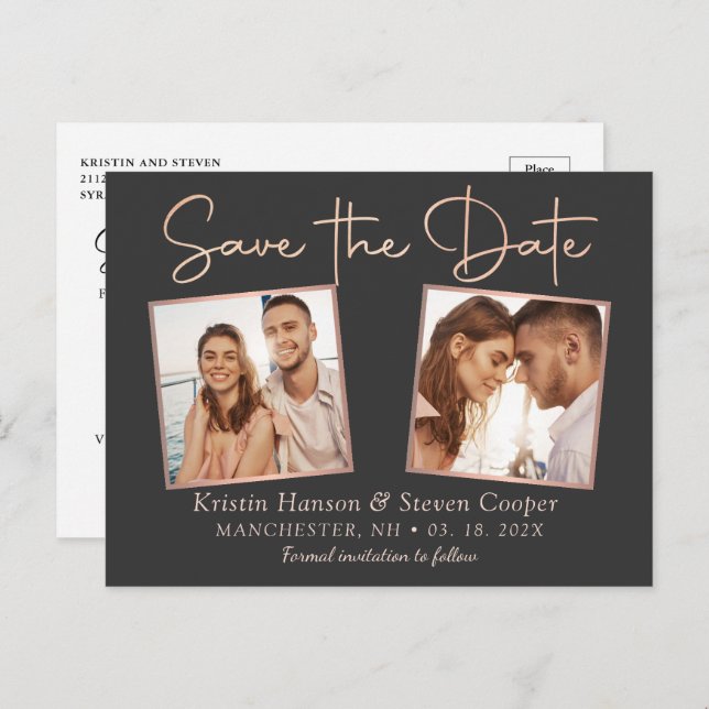 Modern Black Rose Gold 2 Photo Save The Date Postcard (Front/Back)