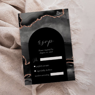 Modern Black Rose Gold Agate Arch Wedding RSVP Card
