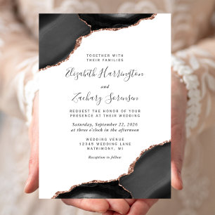 Modern Black Rose Gold Agate Corners Wedding Invitation