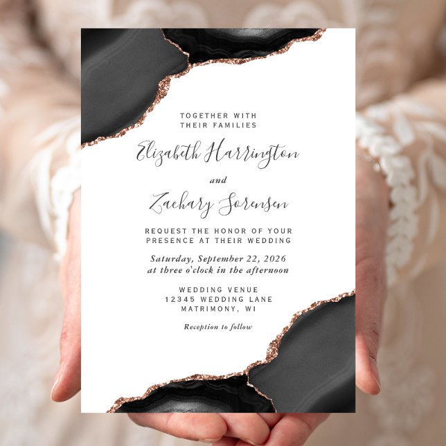 Modern Black Rose Gold Agate Corners Wedding Invitation (Creator Uploaded)